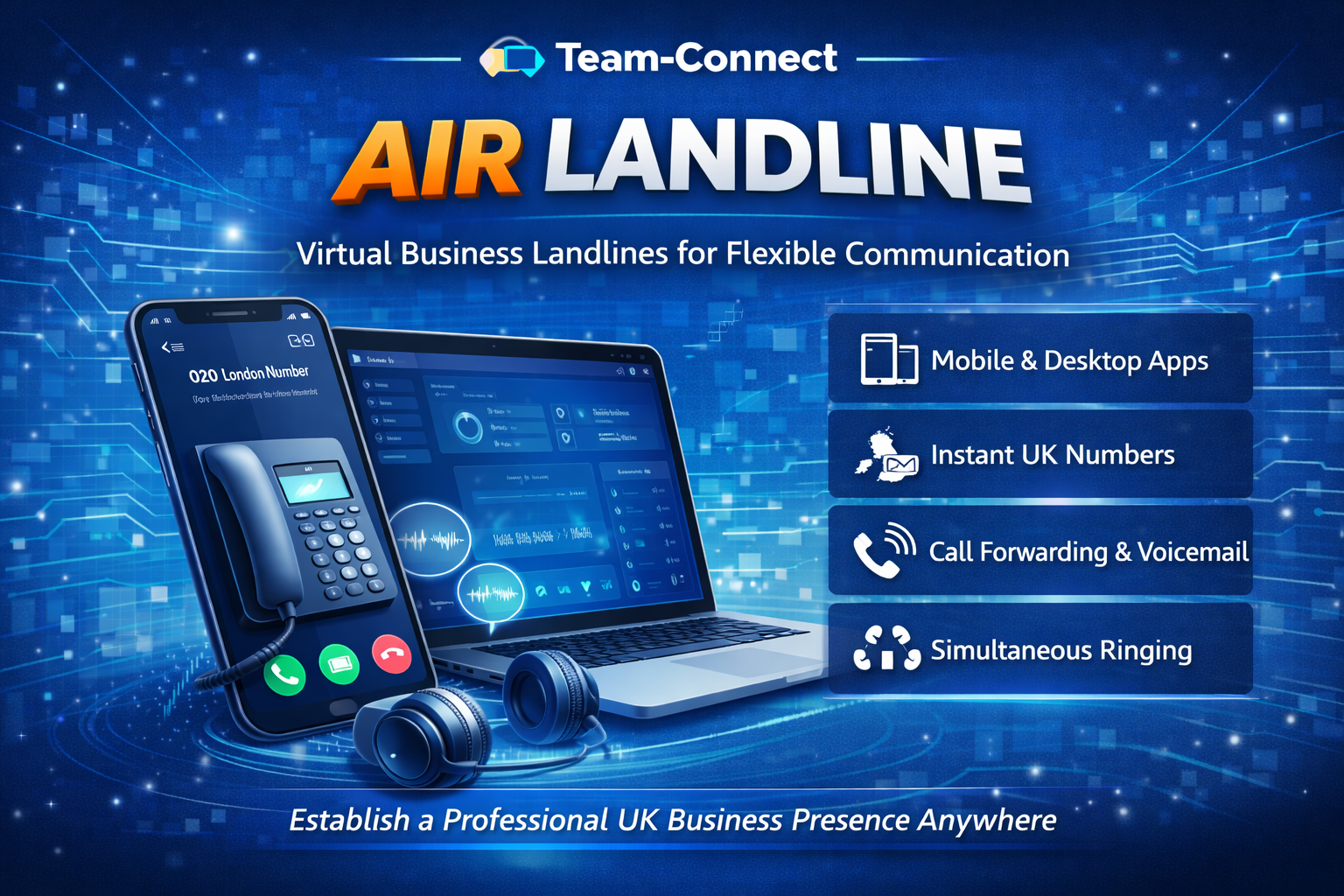 Team-Connect Air Landline interface showing virtual business landline on smartphone and laptop, with features like mobile apps, instant UK numbers, call forwarding, voicemail, and simultaneous ringing.