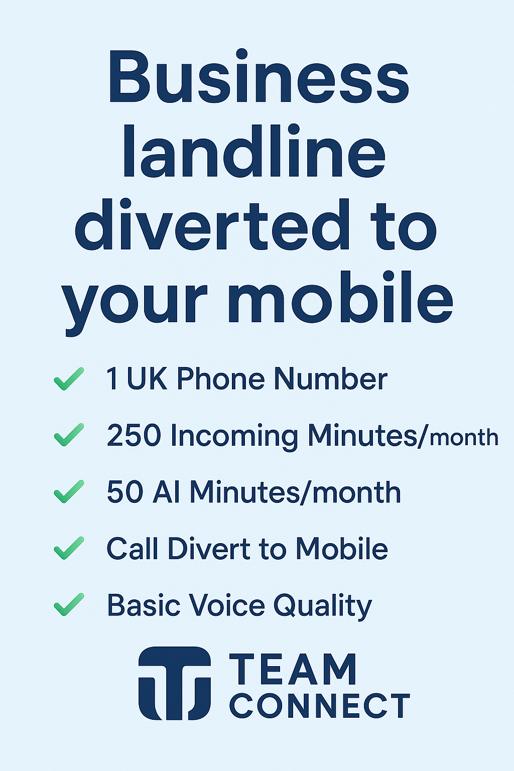 Business landline diverted to mobile marketing asset showing Team-Connect call forwarding features