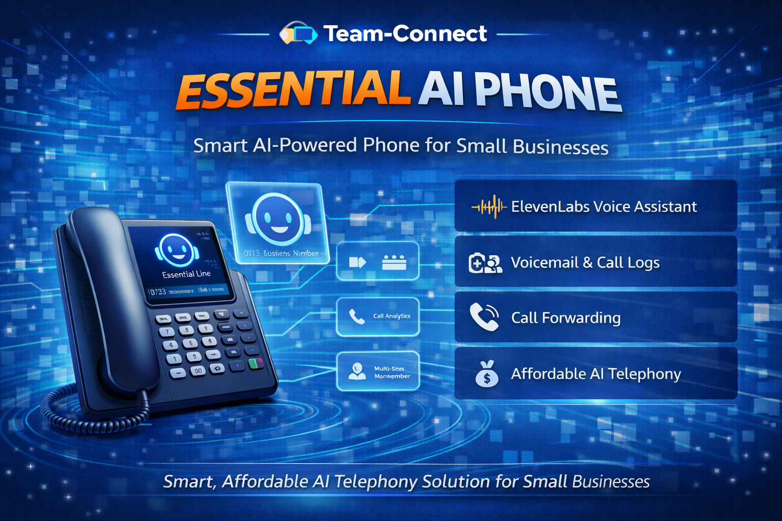 Team-Connect Essential AI Phone for small businesses, showing AI voice assistant, voicemail features, call logs, forwarding, and cost-effective telephony tools.