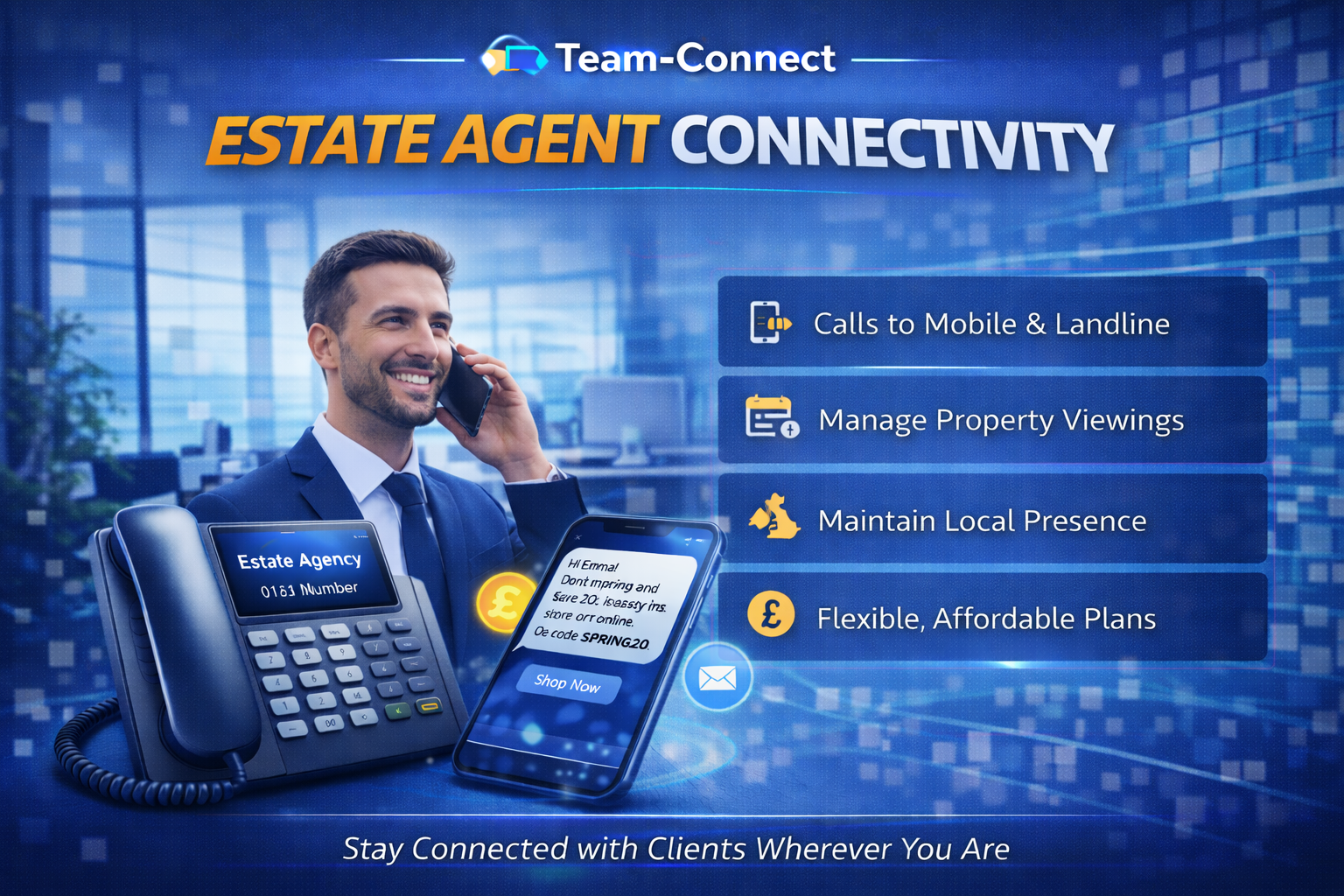 Team-Connect connectivity solution for estate agents featuring mobile and landline communication tools, client engagement features, and lead management support.