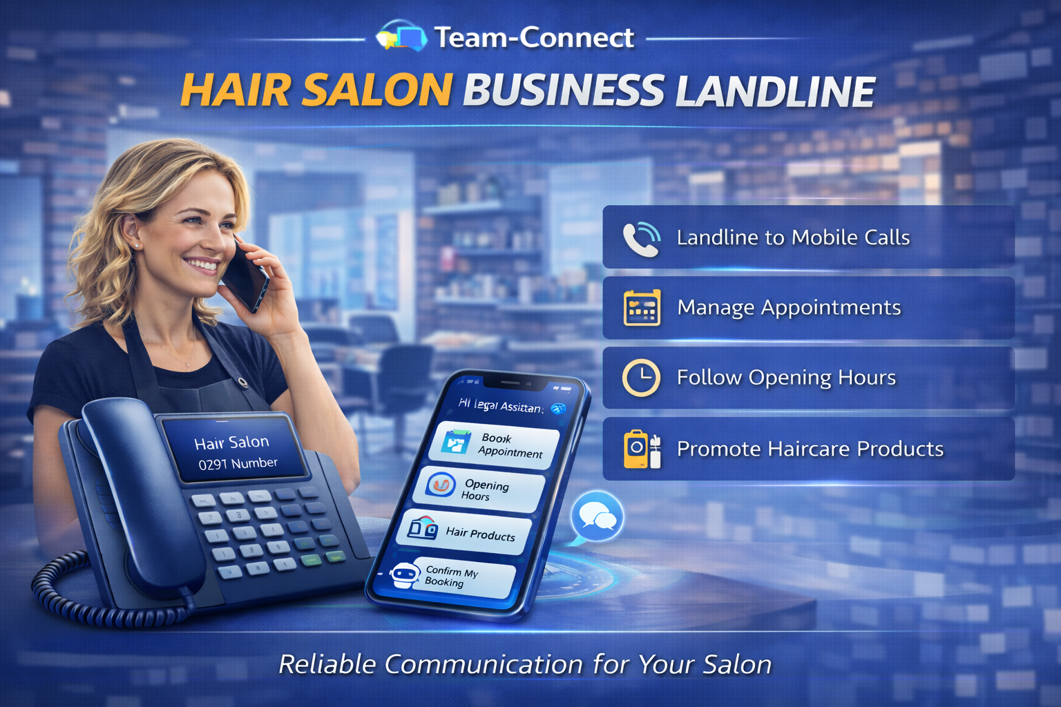 Team-Connect Hair Salon phone solution graphic showing hairdressers and stylists, alongside business phone features like appointment booking, client communication, and professional salon telephony.