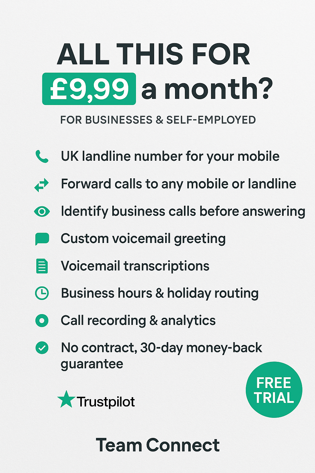 Landline £9.99 plan marketing asset promoting Team-Connect affordable business phone packages