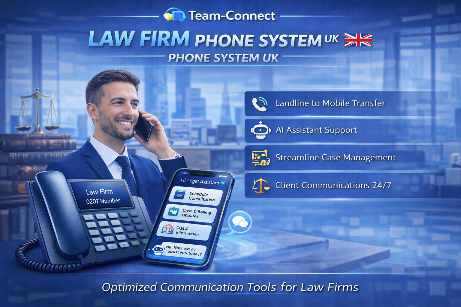Team-Connect Law Firm phone solution graphic showing legal professionals, alongside business phone features like consultation booking, urgent matter handling, and professional legal telephony.