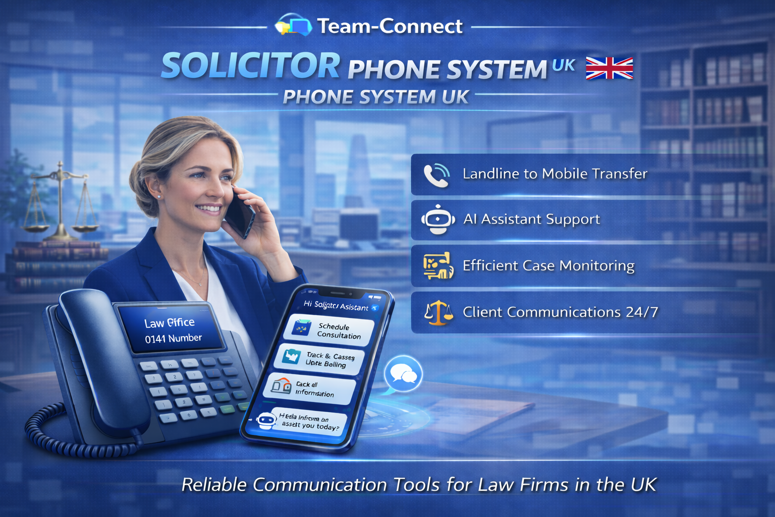 Team-Connect Solicitor phone solution graphic showing legal professionals, alongside business phone features like consultation booking, urgent matter handling, and professional solicitor telephony.