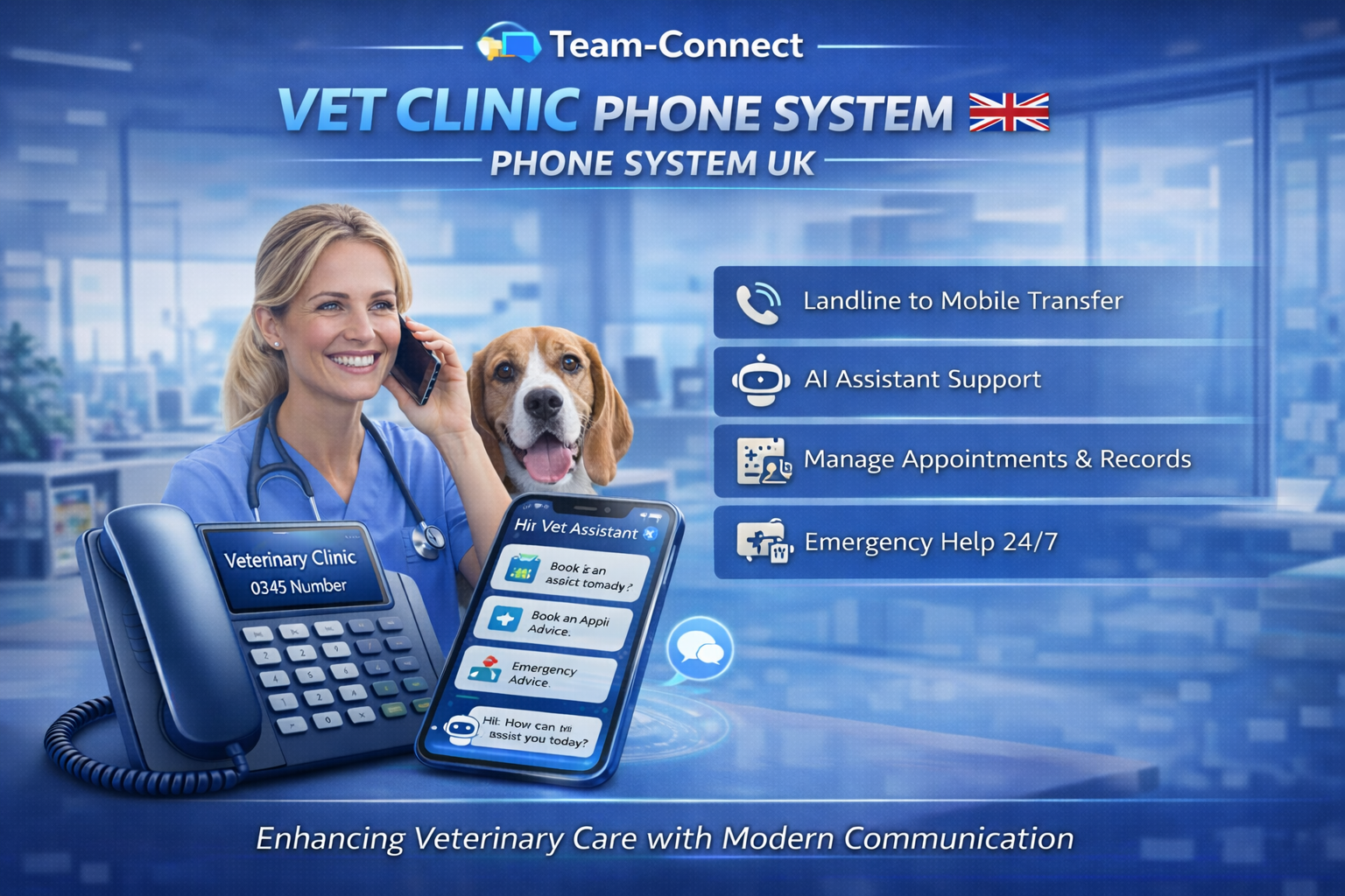 Team-Connect Vet Clinic phone solution graphic showing veterinary professionals, alongside business phone features like appointment booking, emergency handling, and professional veterinary telephony.