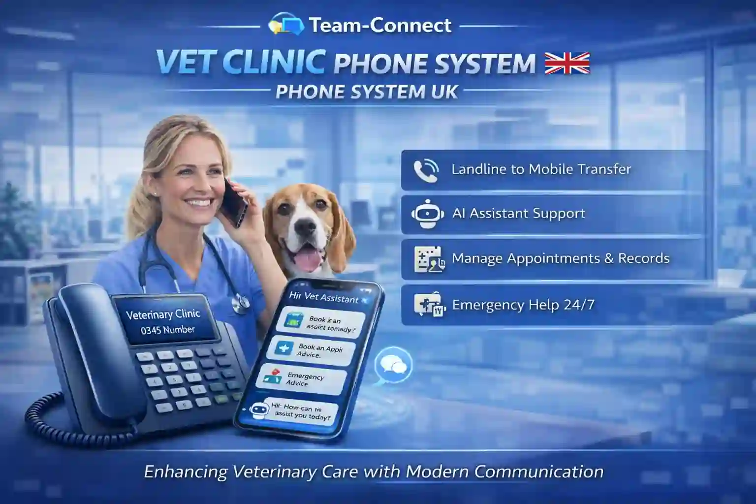 Team-Connect Vet Clinic phone solution graphic showing veterinary professionals, alongside business phone features like appointment booking, emergency handling, and professional veterinary telephony.