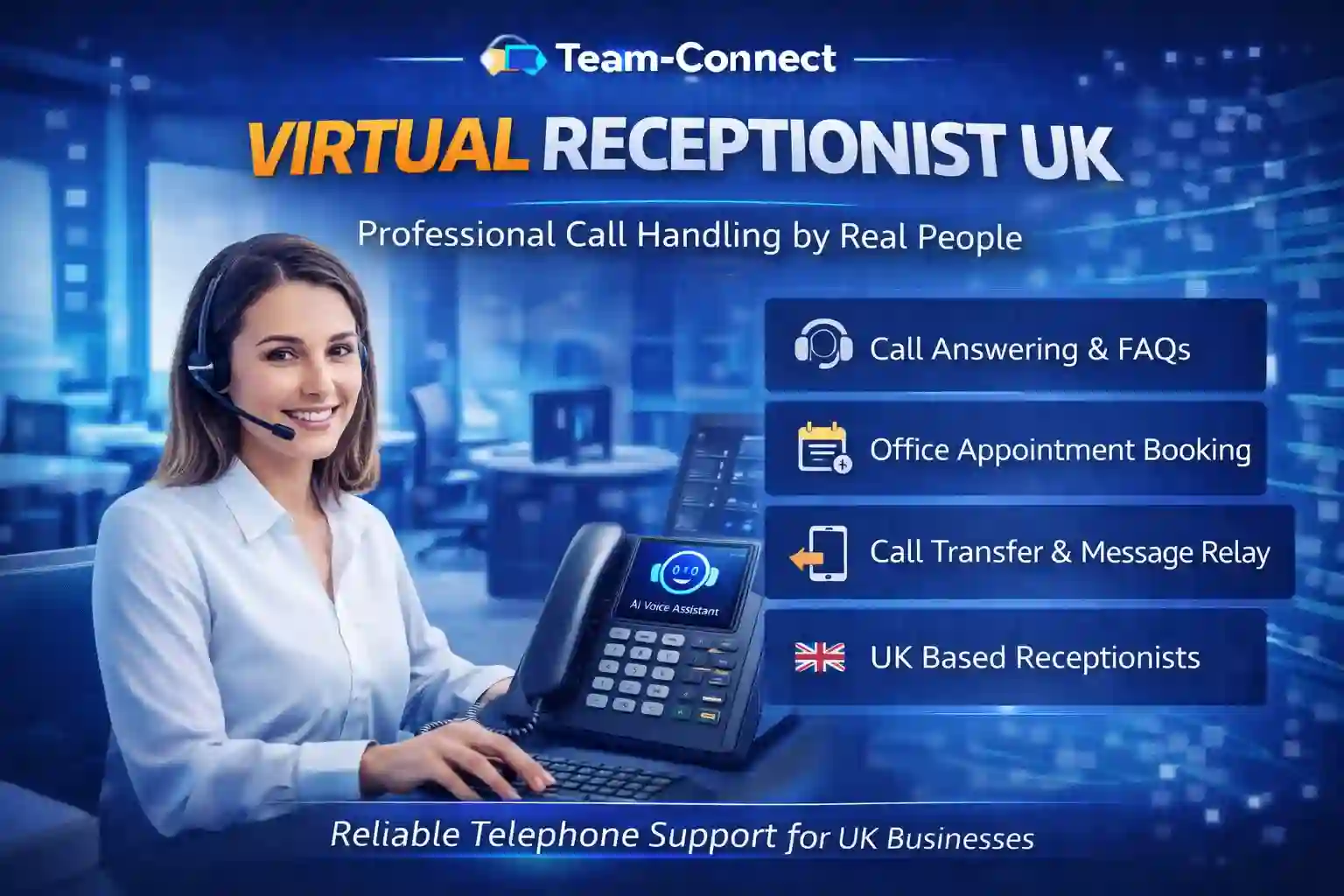 Best virtual receptionist UK 2026 — Team-Connect AI call answering for UK businesses, 47+ industry flows