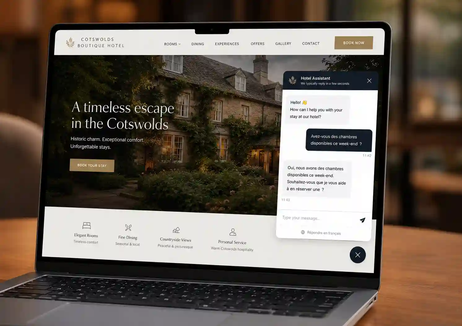 Boutique hotel multilingual AI chat widget