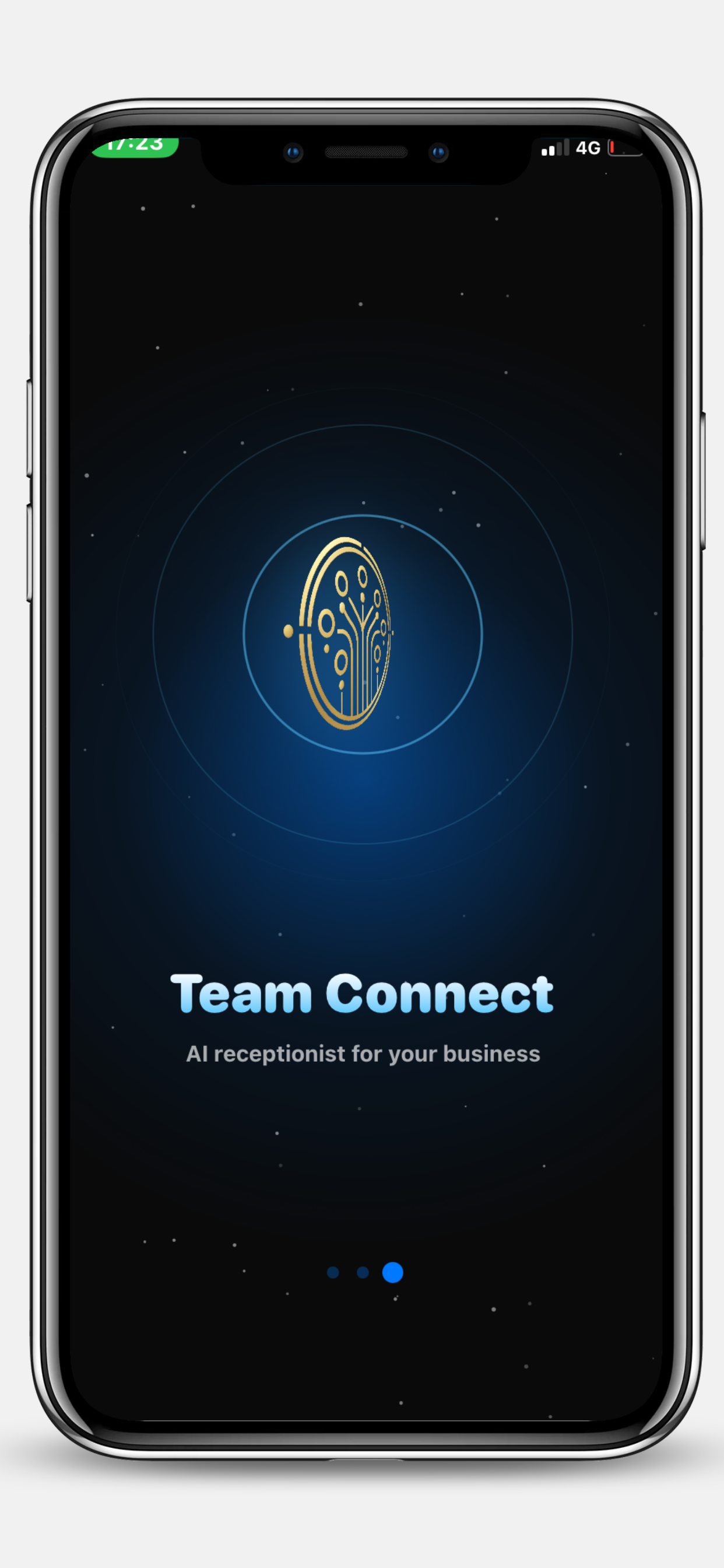 Team Connect AI receptionist iPhone app welcome screen with brand mark and AI receptionist tagline for UK business