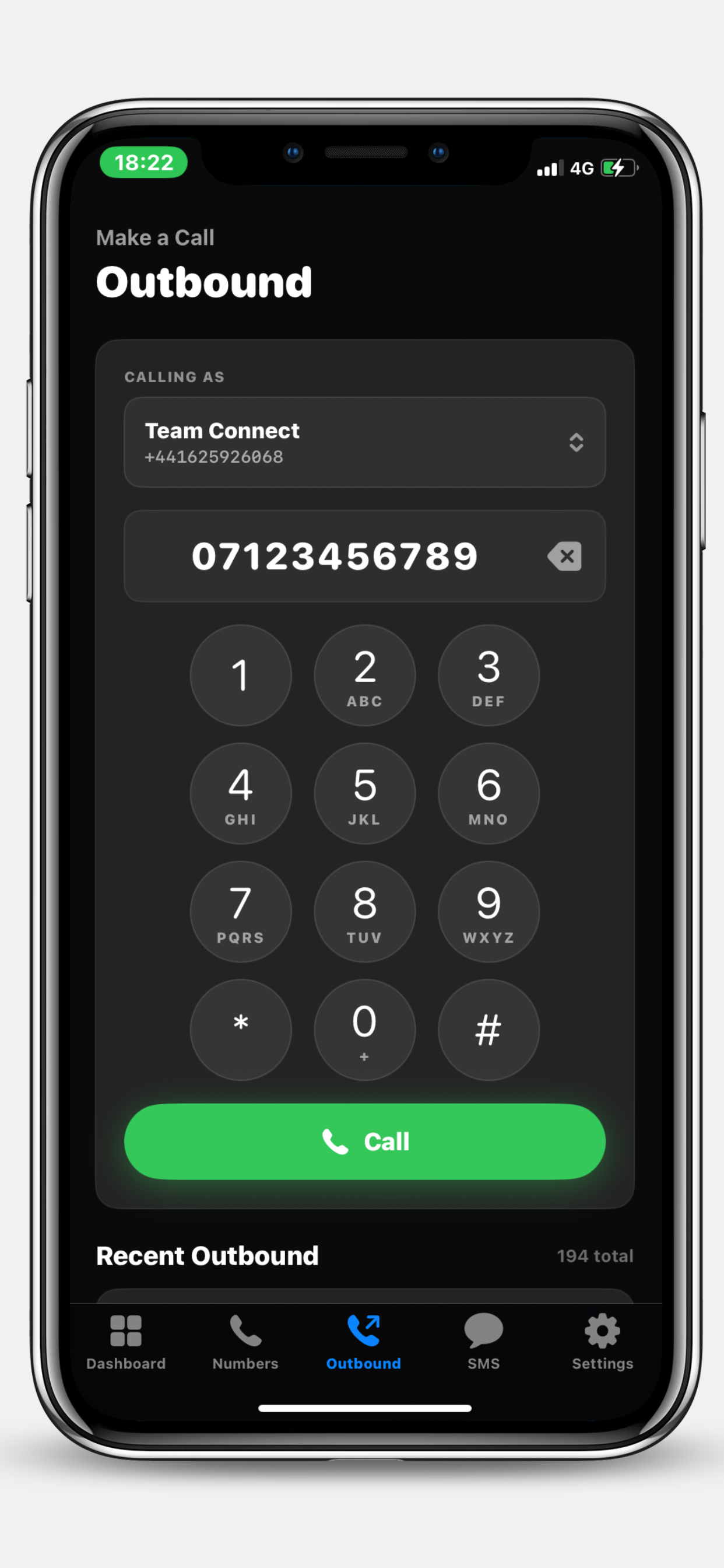 Team Connect AI receptionist iPhone app Outbound dialler with Calling As UK business number picker and keypad