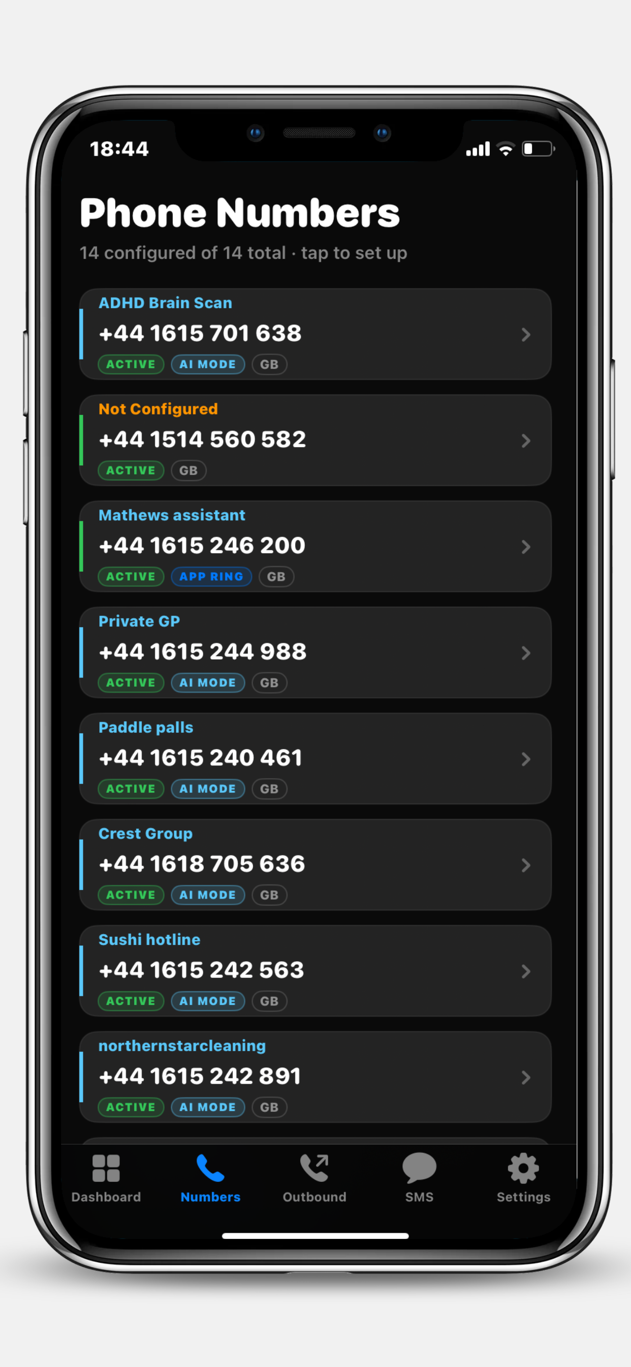 Team Connect AI receptionist iPhone app Phone Numbers list showing multiple UK business lines with status badges and AI mode tags