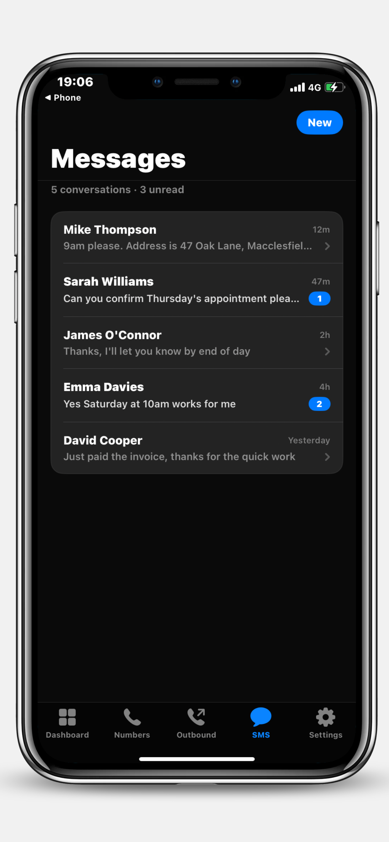 Team Connect AI receptionist iPhone app Messages list showing customer SMS conversations with unread badge counts