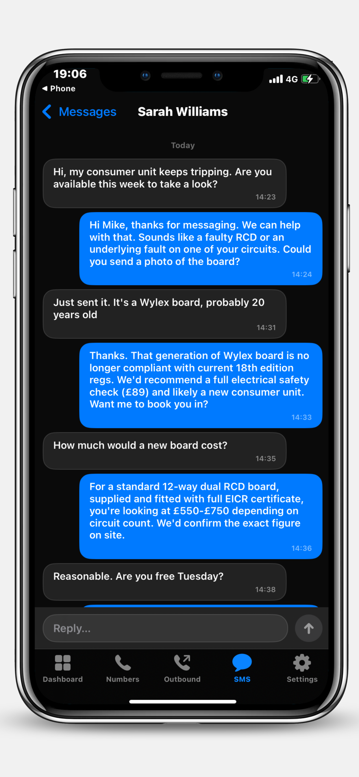Team Connect AI receptionist iPhone app SMS chat thread showing customer and business replies in real time