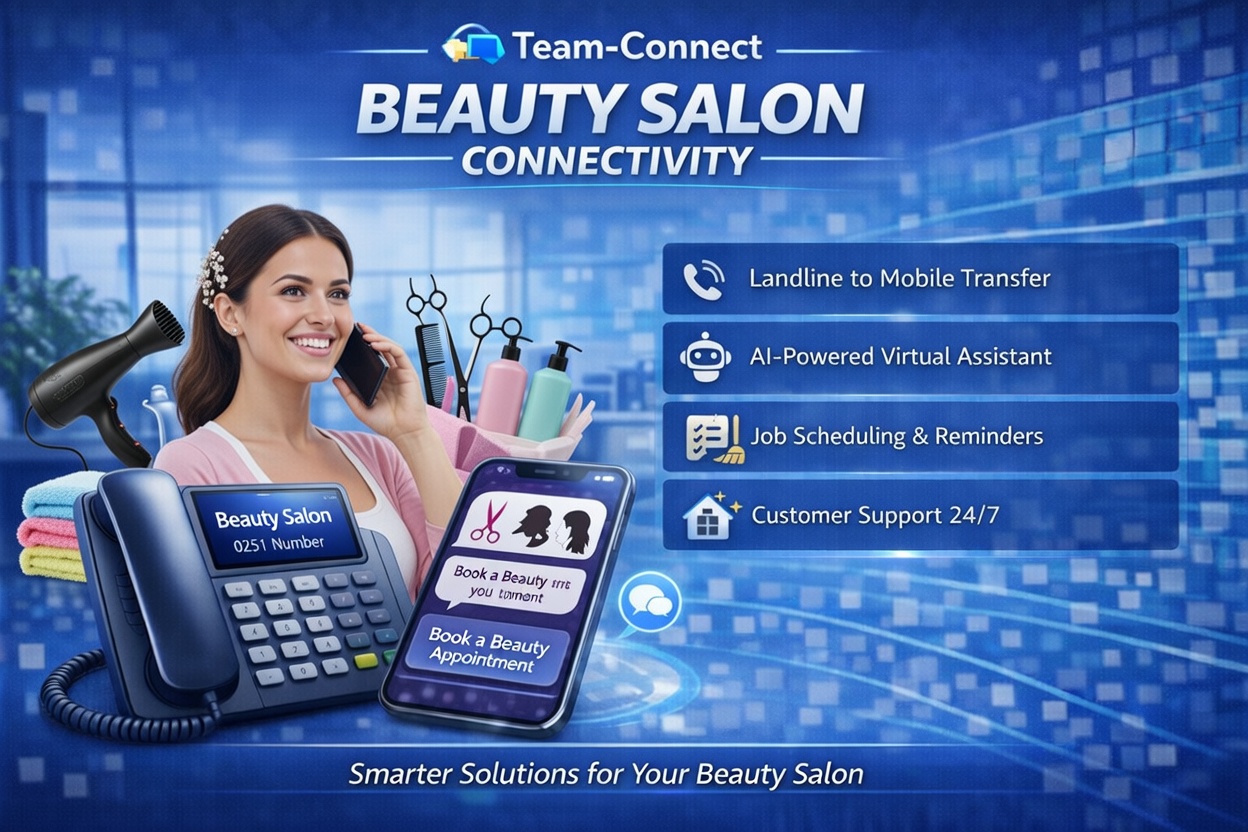 Team-Connect Beauty Salon phone solution showing beauty therapists and technicians, alongside business phone features like appointment booking, client communication, and professional salon telephony.