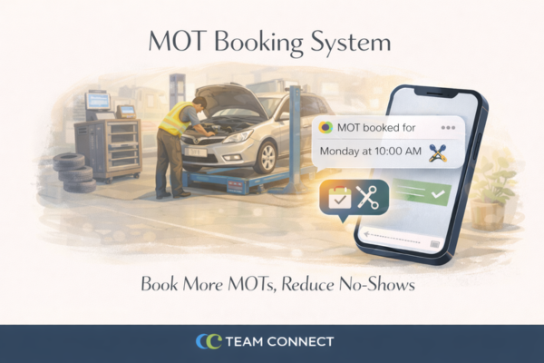 Team-Connect mot phone solution graphic showing car garage and stylists, alongside business phone features like appointment booking, client communication, and professional mot telephony.