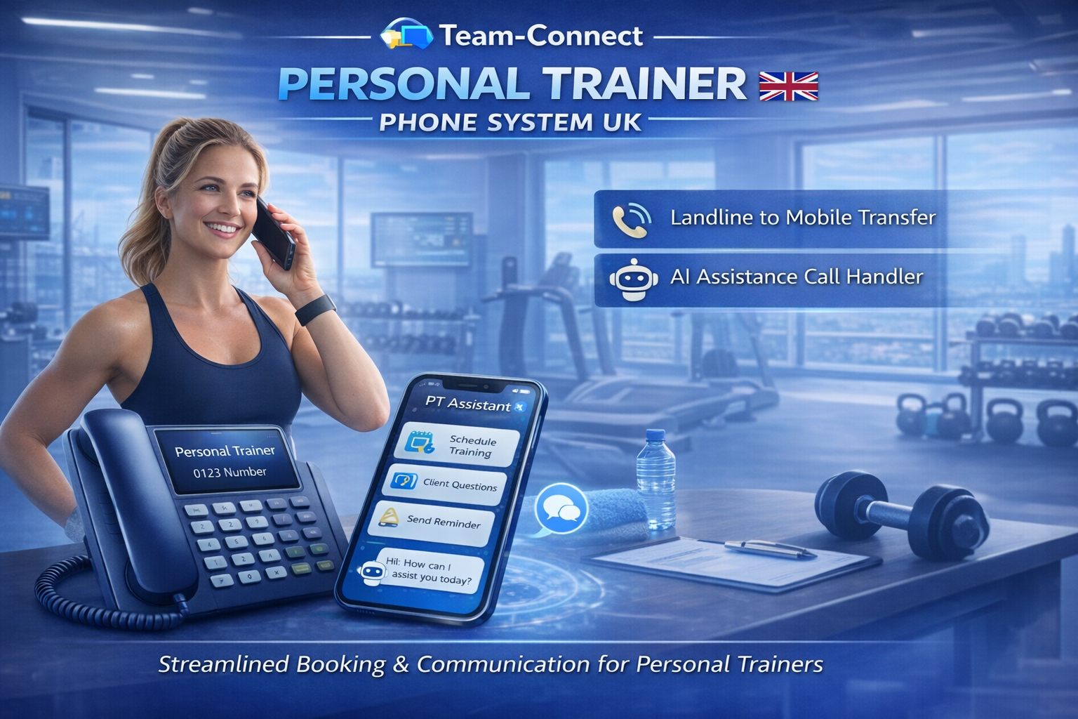 Team-Connect AI Phone Receptionist showing a desk phone with an AI avatar, highlighting features like natural voice, 24/7 answering, custom scripts, and appointment handling for UK businesses.