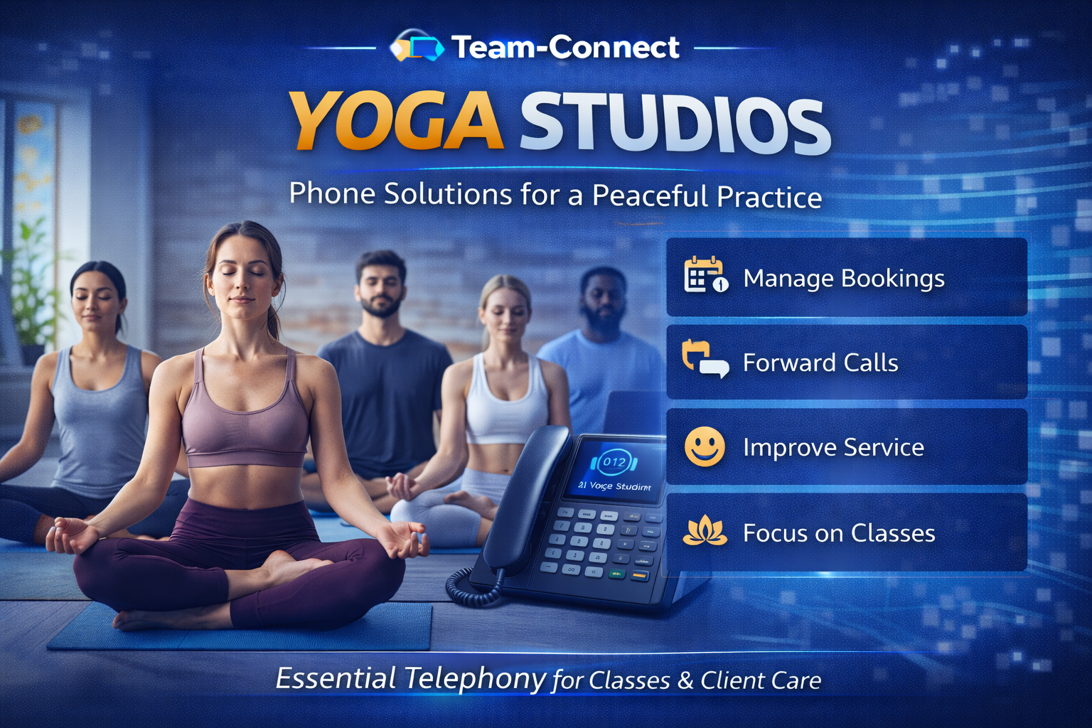 Team-Connect Yoga Studio phone solution graphic showing yoga practitioners meditating, alongside business phone features like call forwarding, booking management, and peaceful studio telephony.