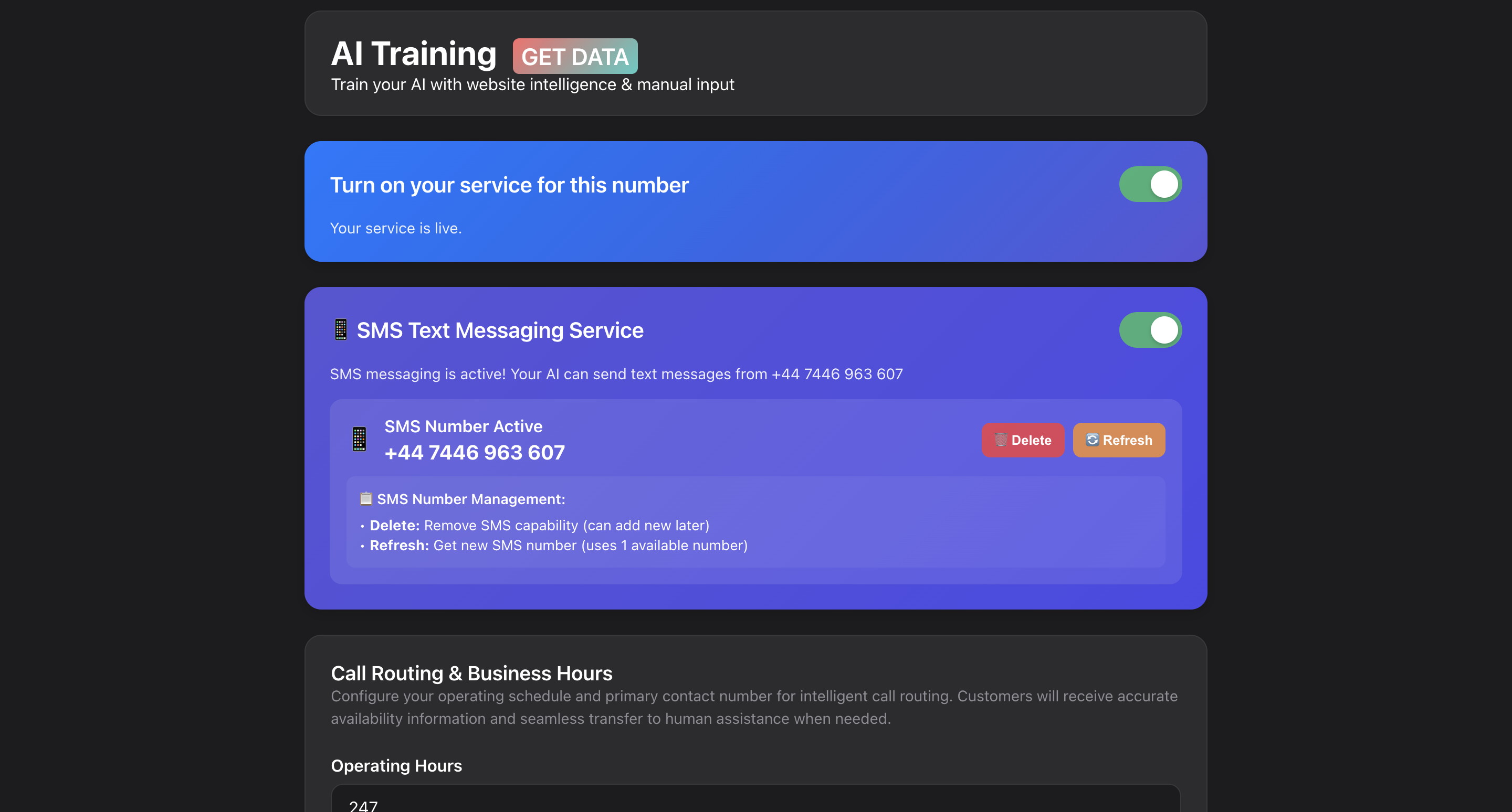 Business landline call divert setup interface for routing calls to mobile phones and other numbers