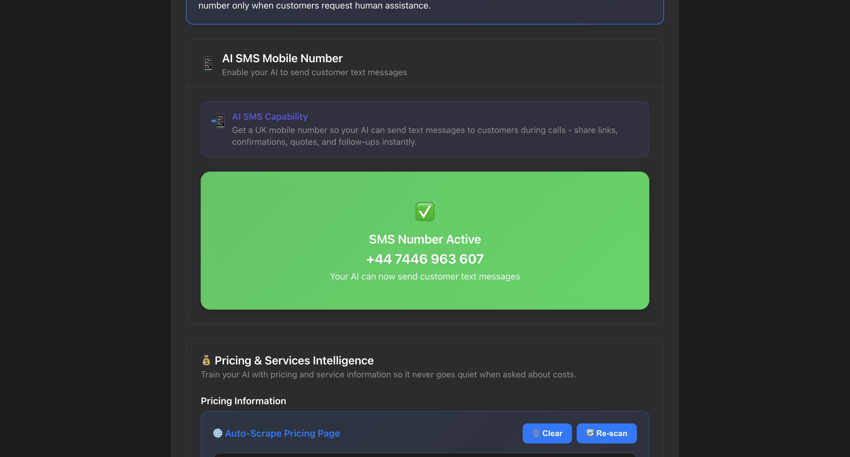 AI SMS setup interface for business landline integration and automated text messaging