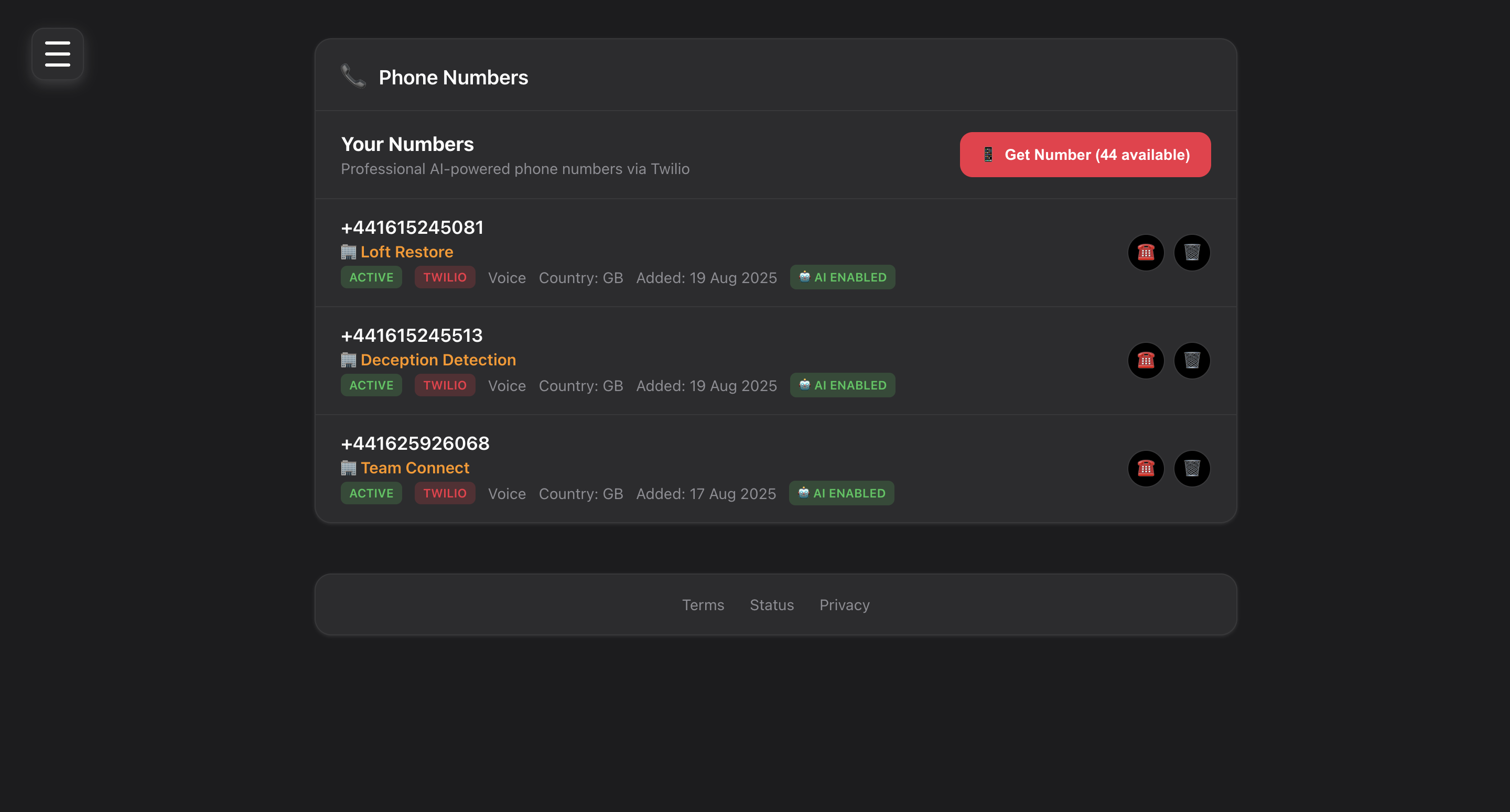 Business landline list view showing multiple phone numbers and their status in Team-Connect dashboard