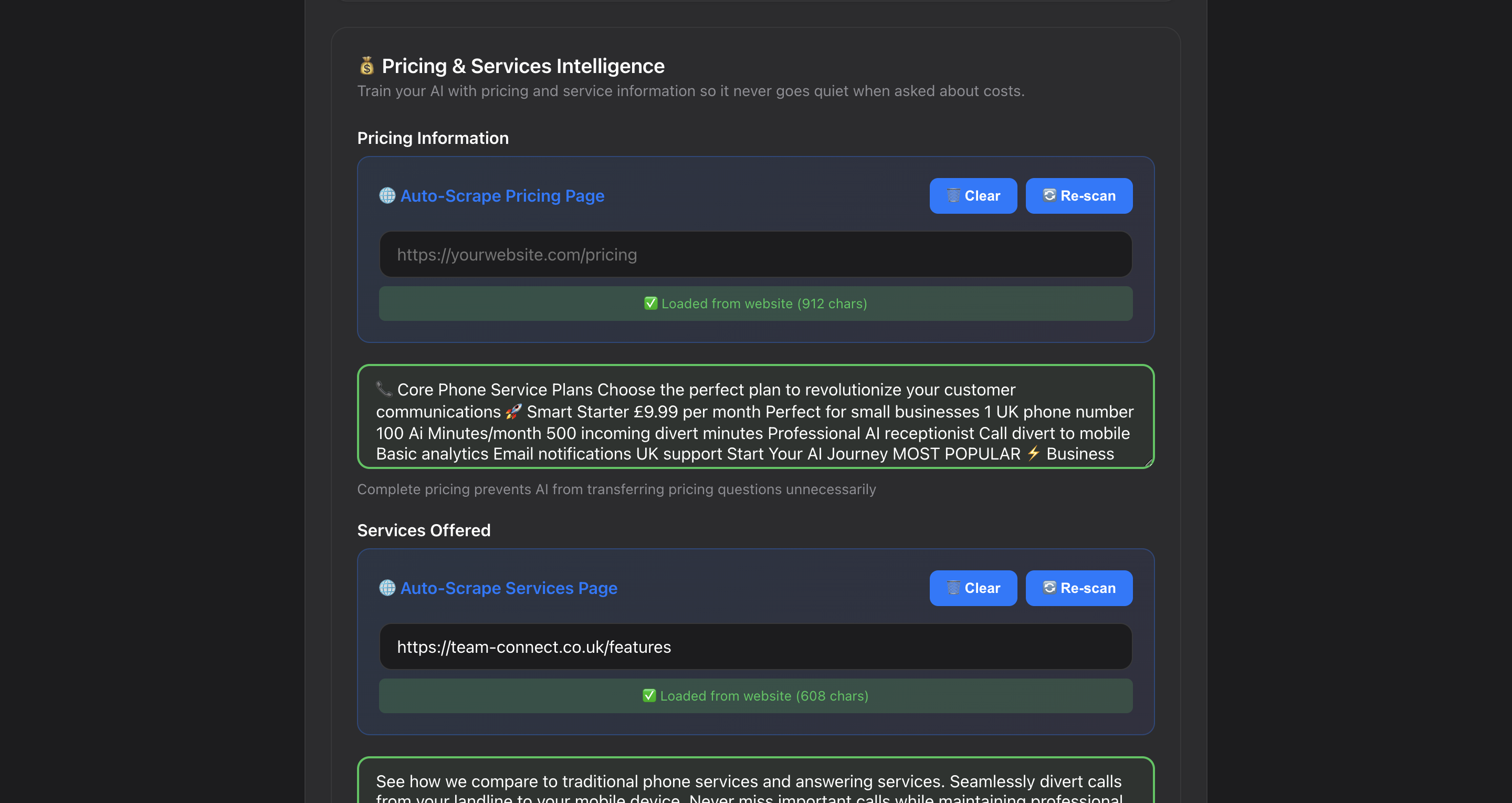 Business pricing and services configuration interface for Team-Connect packages and add-ons