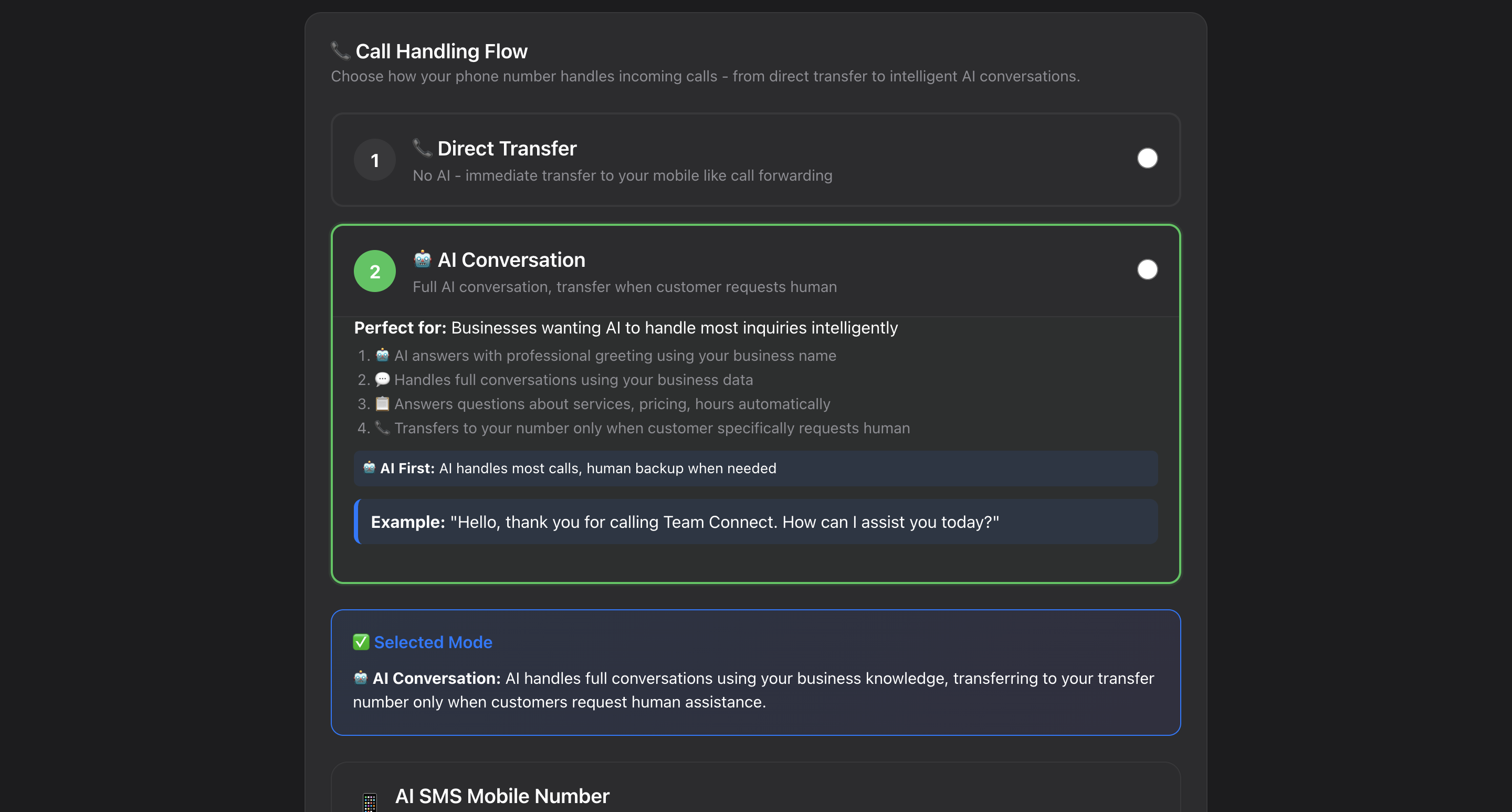 Business landline call handling flow setup showing AI call routing and automated responses