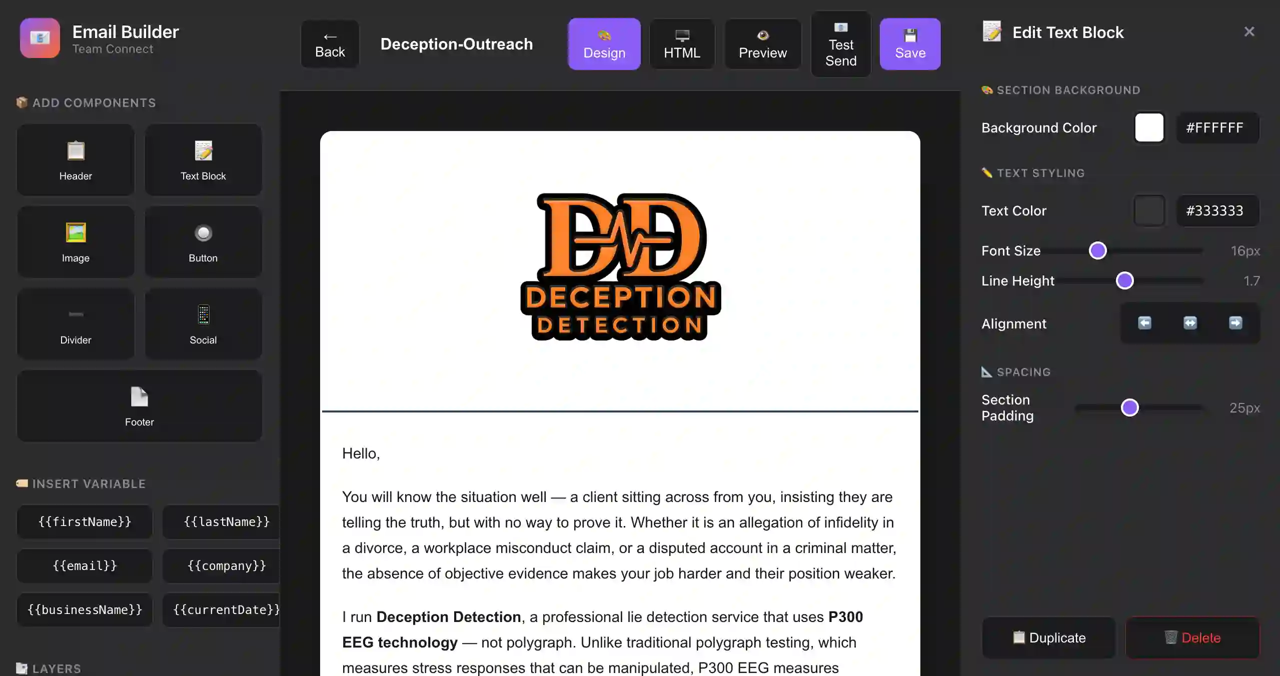Team-Connect drag-and-drop email builder showing block editor, brand colour controls, image library and live mobile preview while building an email campaign.