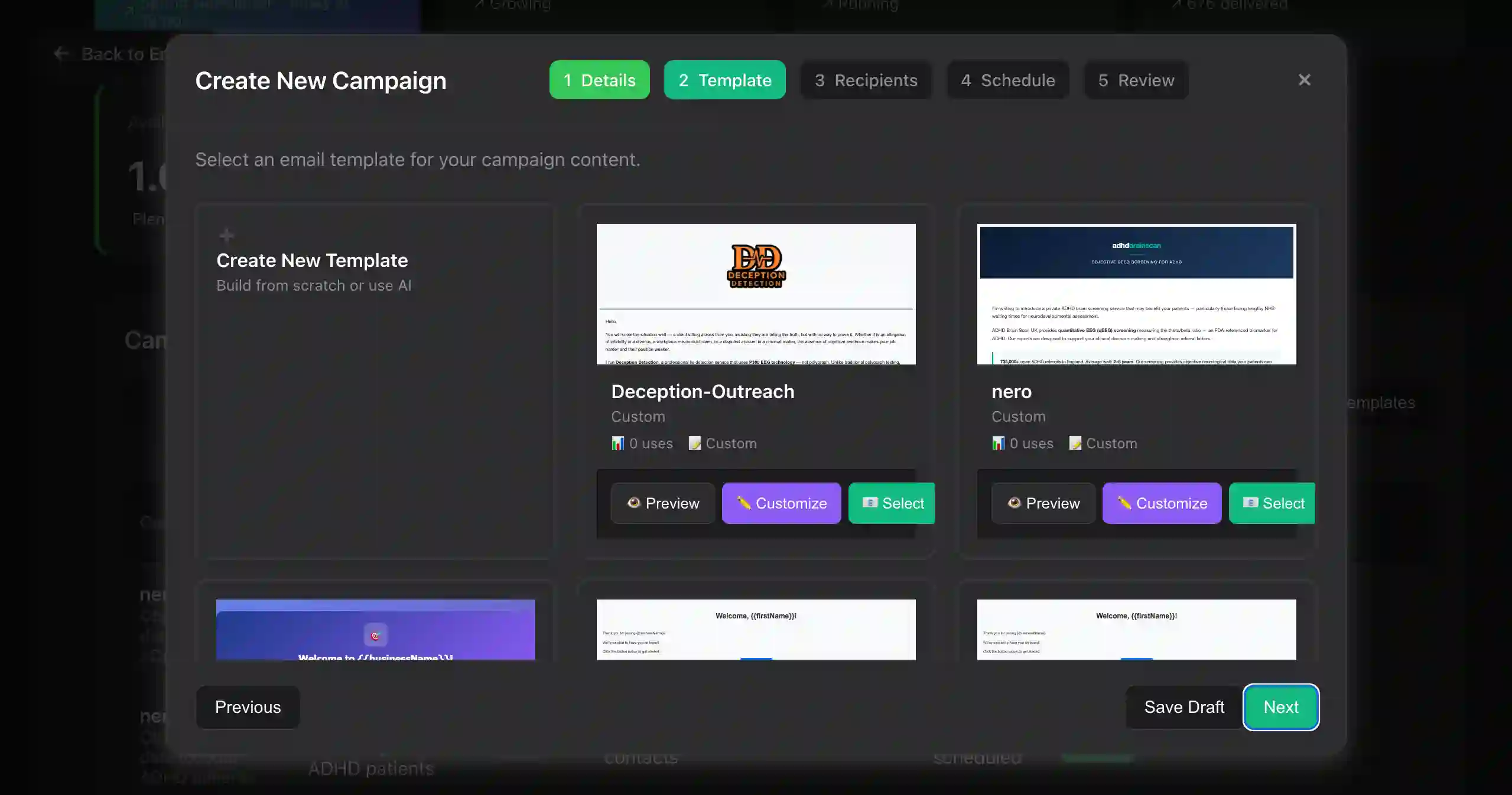 Email marketing template gallery in Team-Connect — UK-tested mobile-responsive templates for newsletters, promotions, win-back and welcome series campaigns.