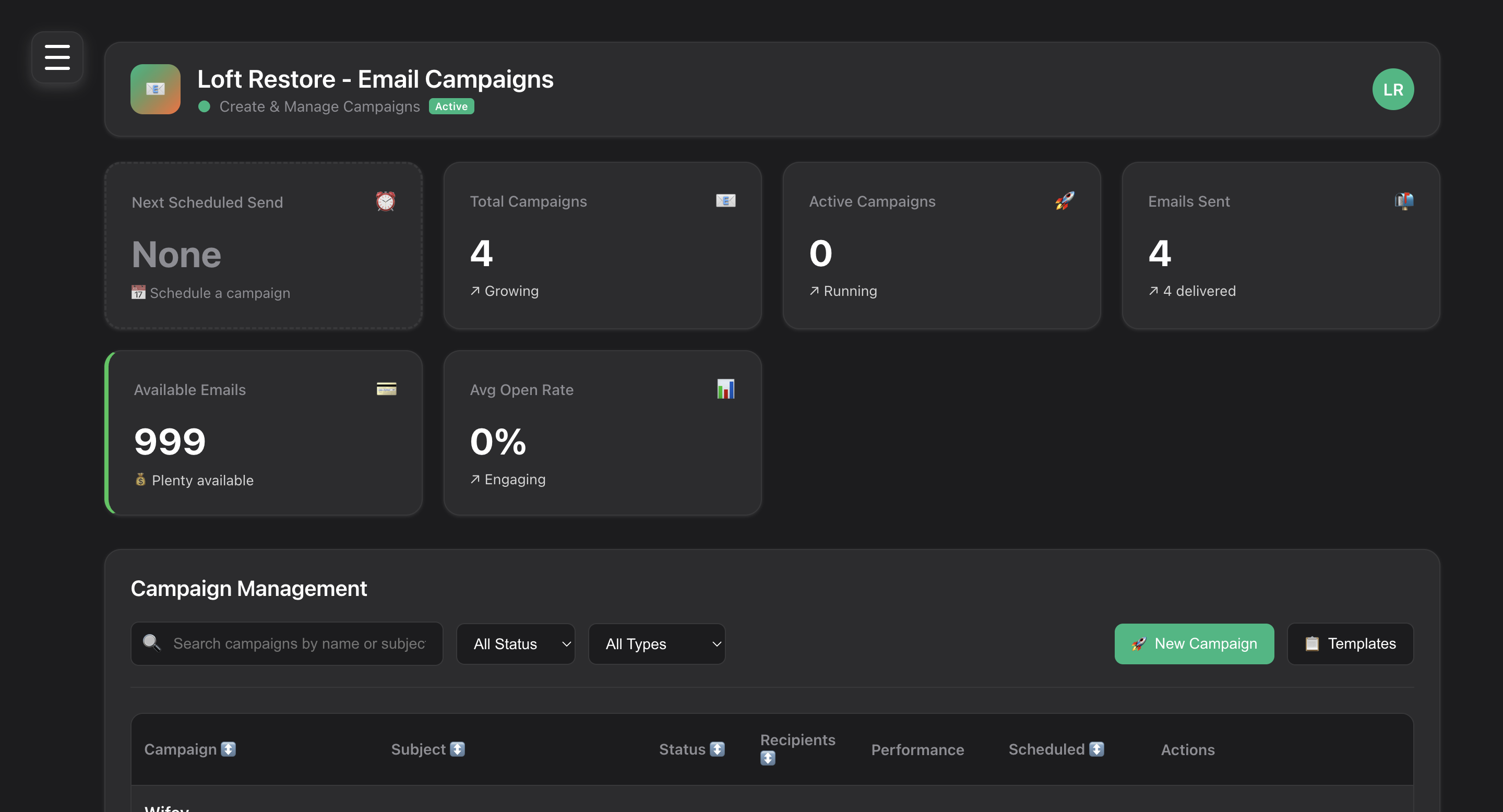 Email campaign setup interface for automated marketing and customer communication