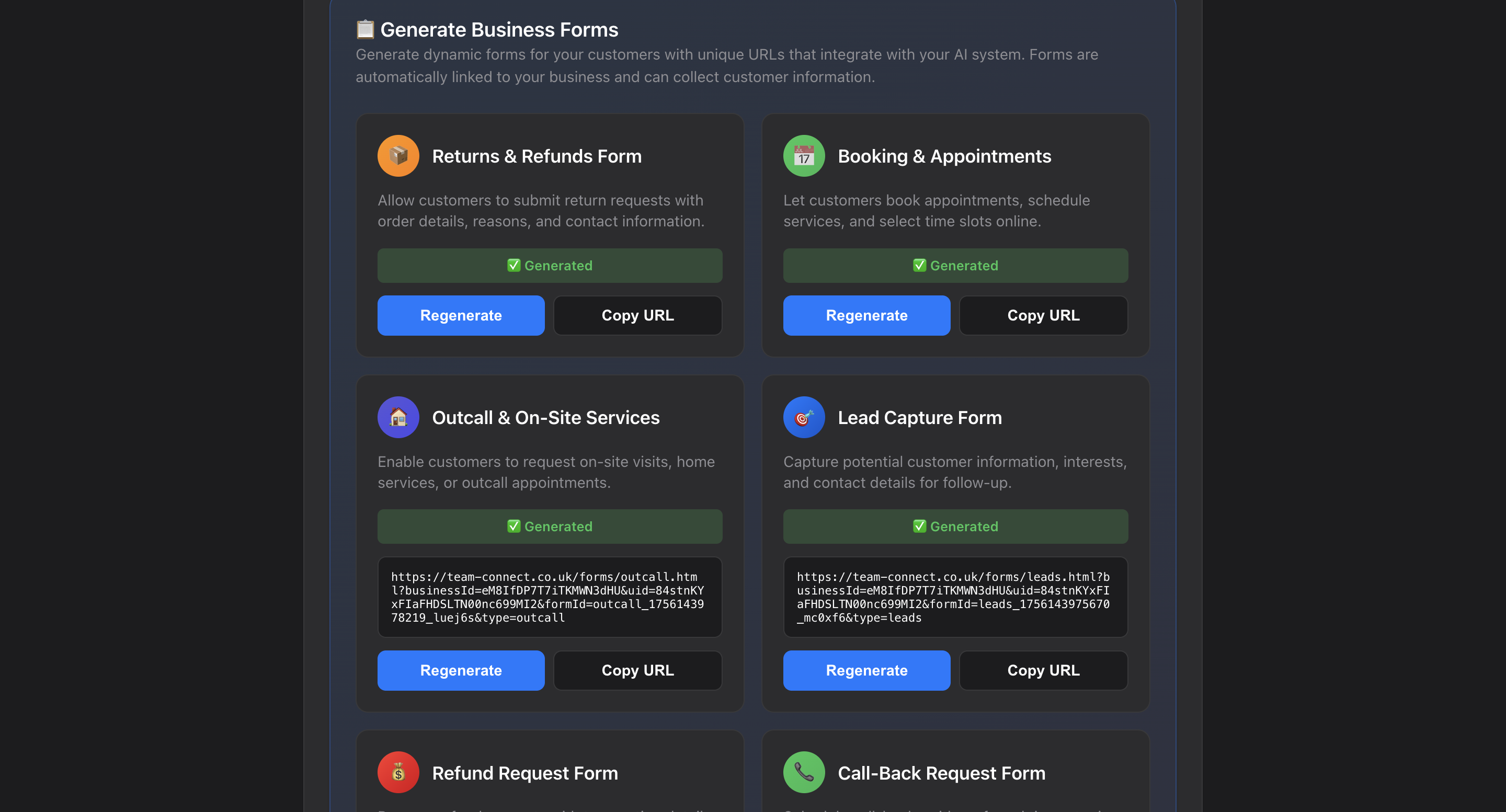 AI form generation interface for sending custom forms to customers during phone calls