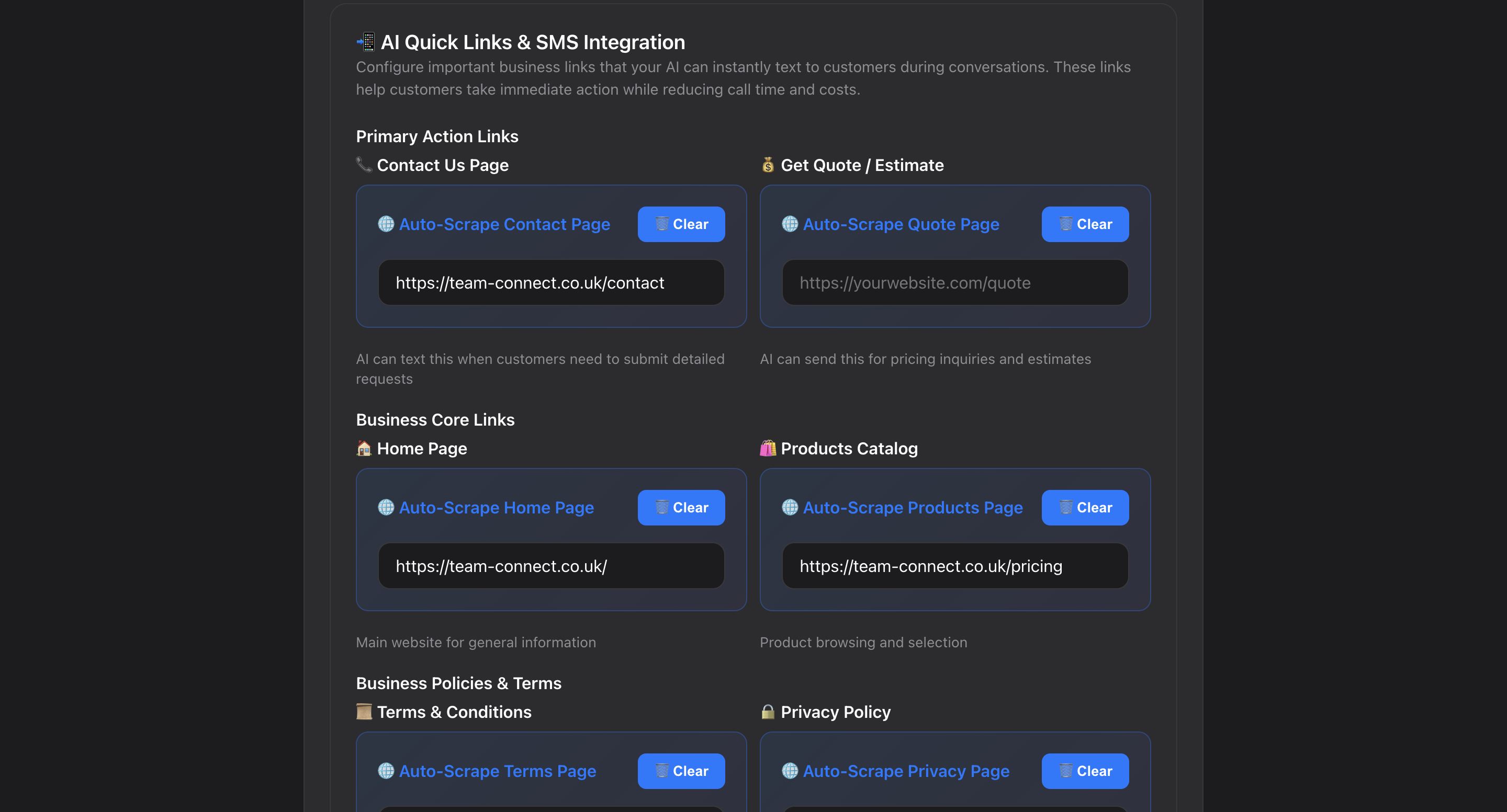 Quick access links for business landline AI SMS features and shortcuts in Team-Connect