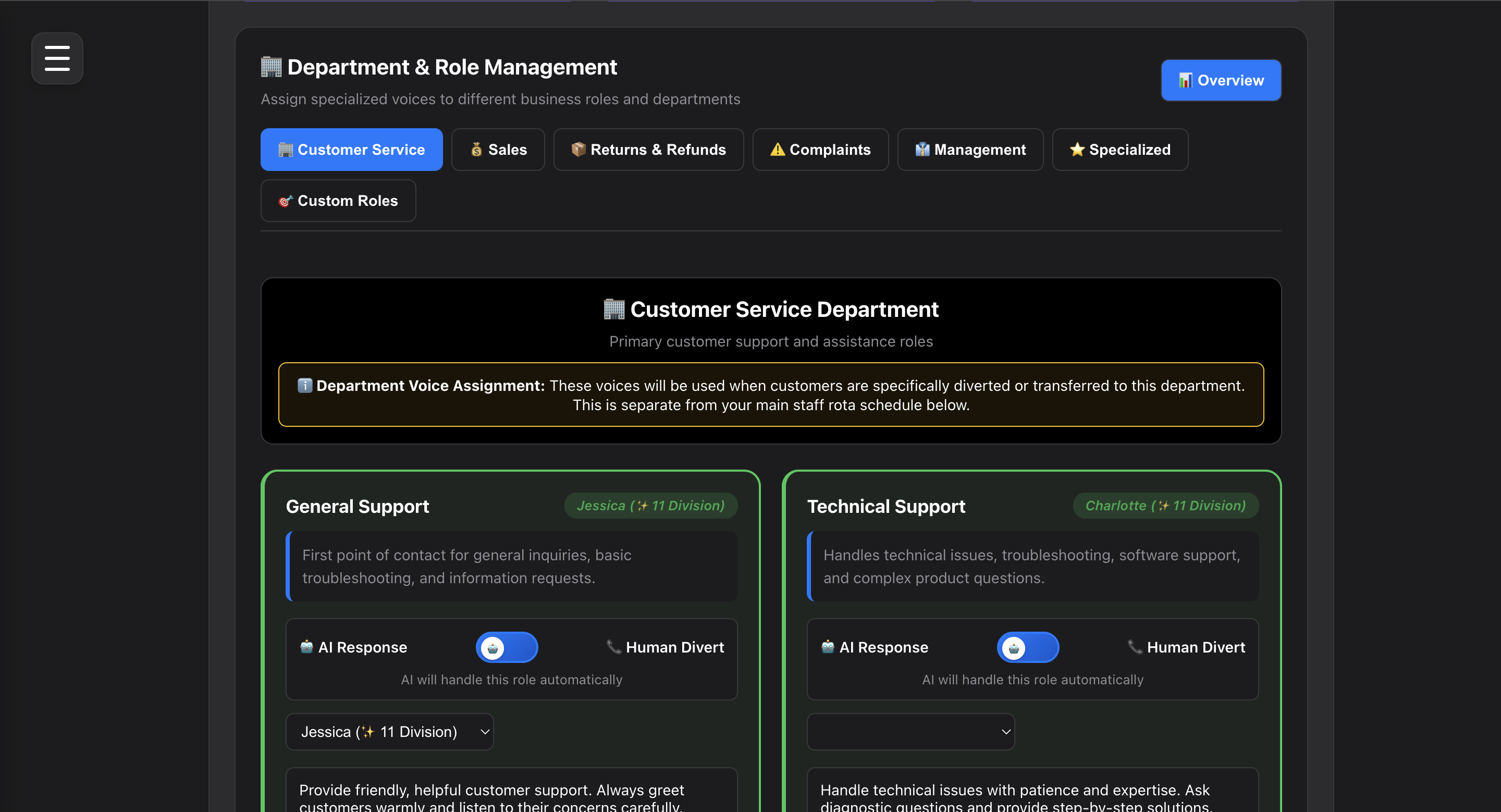 Staff role management interface for setting permissions and access levels in Team-Connect