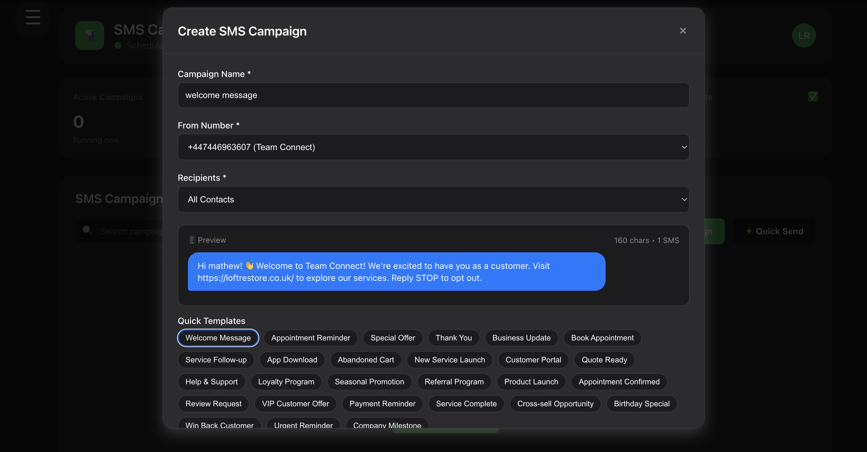 SMS campaign setup interface for creating automated text message marketing campaigns